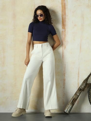 Image of High Star Women High Rise Solid Regular Length Wide Leg Casual Trousers