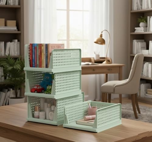 MECHDEL | Wardrobe Organizer For Clothes | Cupboard Organizer | Foldable Shirt Stacker Box | Cloth Box for Almirah | Closet Storage Basket |Plastic Stackable Closet Organizer (Pista Green, 4PCS)