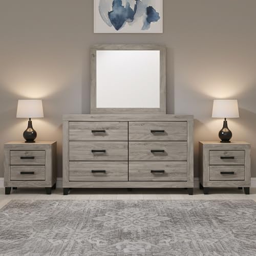 Kings Brand Furniture 4-Piece Light Grey Bedroom Set – 6-Drawer