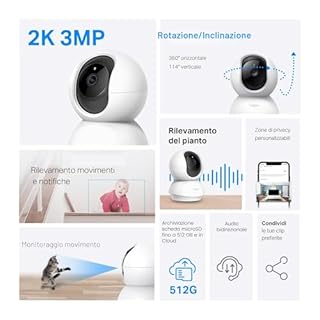 Tapo C210 Telecamera Wi-Fi Interno 2K(3MP), Videocamera Sorveglianza, Visione Notturna, Notifiche in Tempo Reale, Storage su Cloud, MicroSD fino a 512GB, Funziona con Alexa e Google Assistant