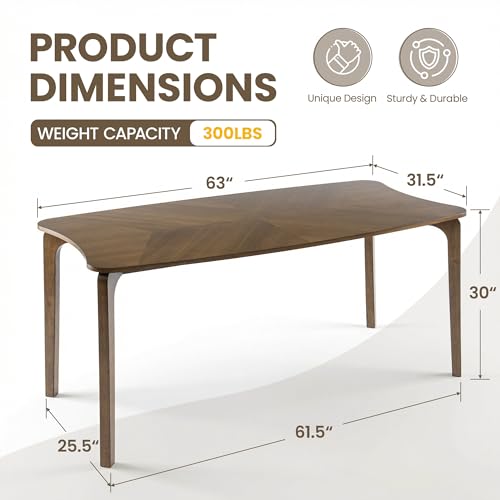 Image of HNY Modern Curved Edge Dining Table, 63 inch Solid Wood Kitchen Table with Herringbone Pattern Mid-Century Rectangular Dinner Table for 6-8 People, Walnut Color Finish
