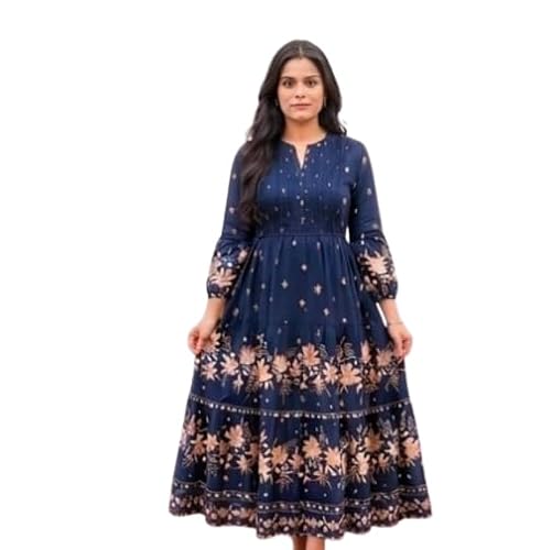 Grace Mode Super Trendy Stylish Side Tassels Navy Blue Floral Printed Tiered Maxi Dress