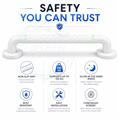 Image of BATH GURU Heavy Duty Grab Bar for Bathroom & Toilet | Anti-Slip ABS Safety Handle for Elderly, Senior Citizens & Disabled with SUS304 Steel Core | Wall Mounted Shower Support Rail (White, 15 Inch)