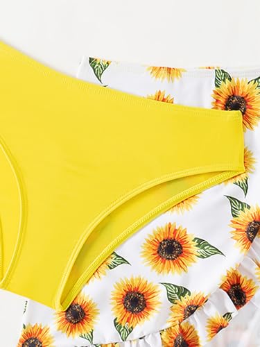 Image of Girl's 3 Piece Set Sunflower Print Bikini Sets Bathing Suit with Mesh Cover Up Skirts Yellow 150