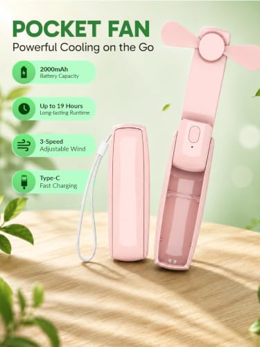 Image of EcoNour Pocket Fan, Pink, Mini Handheld Personal Fan, 3-Speed Portable Cooling Fan for Travel, Office & Outdoor