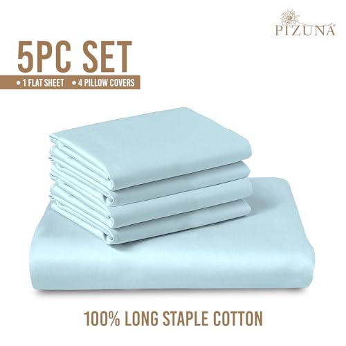Image of Pizuna 100% Cotton Bedsheet Super King Size Baby Blue, 800 Thread Count Long Staple Combed Cotton Flat Bedsheets 108x108 Inches with 4 Pillow Covers, Bed Sheet for Super King Size Bed