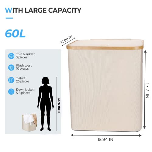 Yamagahome Laundry Basket With Lid 60L, Collapsible Large Laundry Hamper With Lid And Removable Laundry Bag, Waterproof Laundry Sorter College Supplies Made Of Bamboo And Oxford, Off To College Gift #TOP2