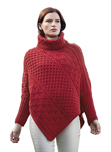 Aran Crafts Women's Soft Cowl Neck Poncho, 100% Super Soft Merino Wool, Authentic & Traditional, Classic Fisherman Sweater-Style Knit, Made In Ireland, Cw5224-S/M-Red #TOP27