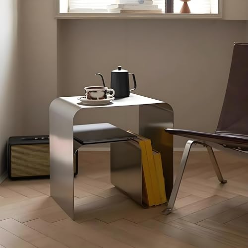 Modern Stainless Steel Side Table Minimalist Nightstand and Sofa Table Silver Metal End Table Elegant Small Coffee Table for Bedroom Desktop Bookshelf Magazine Rack Multi-Functional Organizer