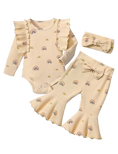 Image of Oranchids Newborn Baby Girl Clothes Rainbow Ruffle Long Sleeve Romper Bell Bottoms Headband Fall Winter Outfits 3Pcs