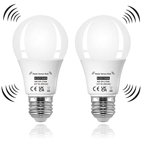 Radar Motion Sensor Light Bulbs,Dusk to Dawn Light Bulbs 9W 2700K Warm White ,A60 Led Light Bulbs E27 Base Auto On/Off for Indoor Outdoor Basements, Porch,Courtyards, Garage Pack of 2 [Energy Class A] Cover