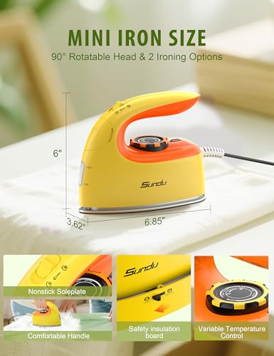 Image of Sundu 1000W Mini Travel Steam Iron, Portable Small Iron for Quilting & Sewing, Non-Stick Soleplate, 300 Steam Holes, 90ml Tank, Safety Base & Digital Temperature Control-Yellow