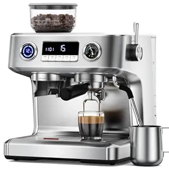 COWSAR Dual Boiler Espresso Machine with Grinder, 20 Bar Espresso Maker with Milk Frother, Removable Water Tank, Brushed Stainless Steel