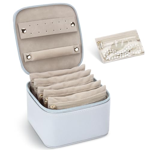 DesignSter Small Travel Jewellery Box Organizer, Lychee Grain PU Portable Jewelry Case with 6 Velvet Jewellery Transparent Pockets, Jewellery Storage for Earrings, Rings, Grey-blue