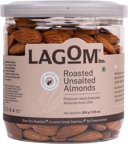Image of Lagom Roasted Unsalted Almonds 200g | Dry Roasted Badam | Small Batch, Crunchy Texture | No Preservatives | Vegan, Gluten Free, Non-GMO