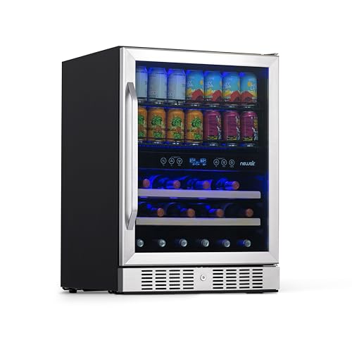 Image of NewAir 24 inch Dual Zone Beverage Refrigerator & Wine Cooler for 20 Bottles & 70 Cans | Freestanding or Built-In Under Counter Mini Fridge for Beer, Wine and Soda | Stainless Steel