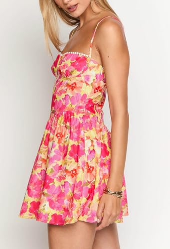 Image of NUFIWI Women Boho Graffiti Cami Mini Dress Spaghetti Strap Printed A Line Short Dress Backless Cut Out Colorful Sundress