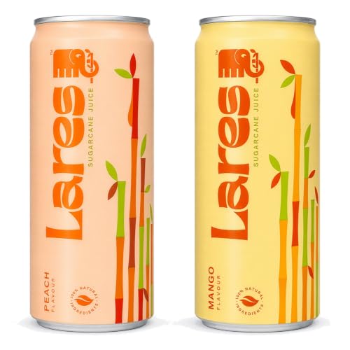 Lares Zumo de Caña con Mango y Melocotón - 12 latas x 330ml - Solo 2 Ingredientes, Sin Azúcares Añadidos, Sin Aditivos - Bebida Natural
