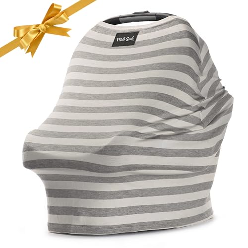 Image of Milk Snob Original 5-in-1 Cover - Nursing Cover for Breastfeeding - Baby Car Seat Cover, Carseat Canopy & Stroller - Essential All-in-One Cover - Gift for Mom, Baby (Cream and Gray Stripe)