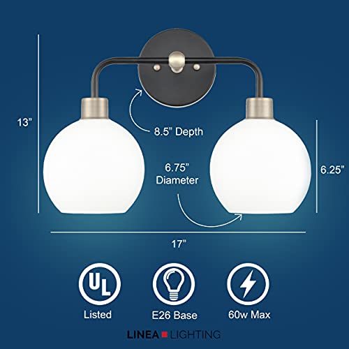 Linea Di Liara Lukasa Modern Bathroom Vanity Lights Fixtures 2-Lights Over Mirror Lighting Matte Black With Brushed Nickel Vanity Lights For Bathroom Light Fixtures Frosted Glass Covers, Ul Listed #TOP3