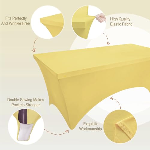 Image of FOLINS&HOME 2 Pack Yellow 8ft Fitted Spandex Water Resistant Tablecloth | Washable Elastic Rectangle Table Cover for 8 Foot Folding Tables, Stretch Table Cloth for Weddings, Banquets, Parties (2 Pcs)