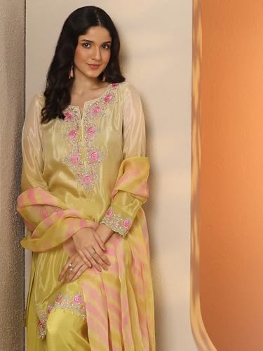 Image of Libas Embroidered Crepe Straight Kurta With Trousers and Dupatta | ethnic wear | bridal suit | wedding dress | occasion wear
