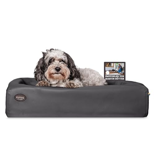 SABRO KUDDE Orthopädisches Hundebett – Martin Rütter – Hochwertiges Kunstleder – Waschbar & Wasserabweisend – Ergonomisch – Premium Haustierzubehör für Kleine, Mittelgrosse Hunde M in Grau