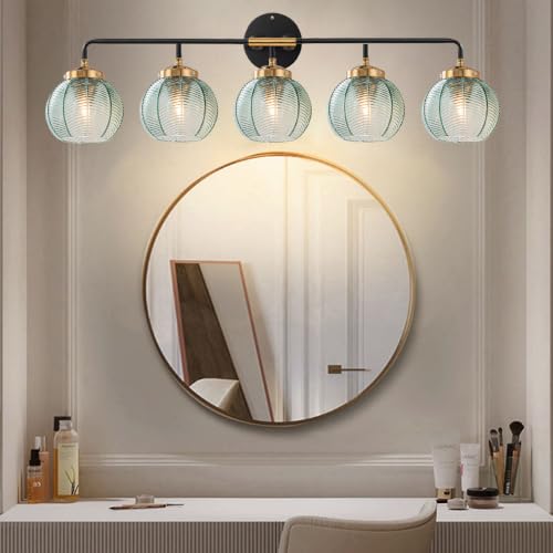 Image of 5-Light Bathroom Vanity Light Green Wall Lights Glass Globe Shade | Mid Century Modern Vintage Wall Sconce Vanity Lights 27.2Inch Long, 5.9Inch Glass Shade E26 Base,Over Mirror Bedroom Hallway