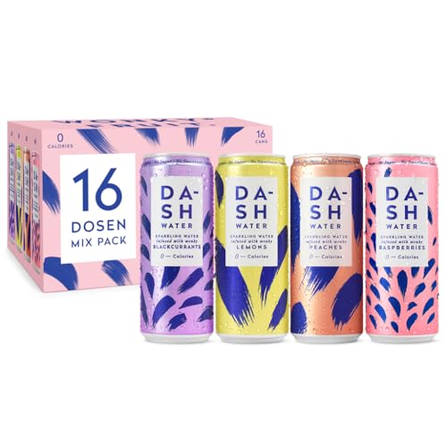 DASH Water Mix Pack – 16x Eaux pétillantes aromatisées (4X Pêche 4X Citron vert 4X Framboise 4X Pamplemousse) SANS Sucre, SANS Édulcorant, SANS calories...