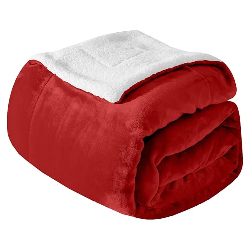 Mocassi Premium Ultra-Soft Velvet Touch Flannel Fleece Sherpa Throw - Warm Cozy Reversible Plush Micromink Throw Blanket for Couch Bed and Sofa - Fluffy Christmas Winter Bedding Gift Red