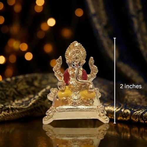 Image of Gold Plated Ganesh Idol | Ganpati Murti for Car Dashboard, Office Desk, Hindu God Gift & Home Decor - Resin (Gold 2 in)