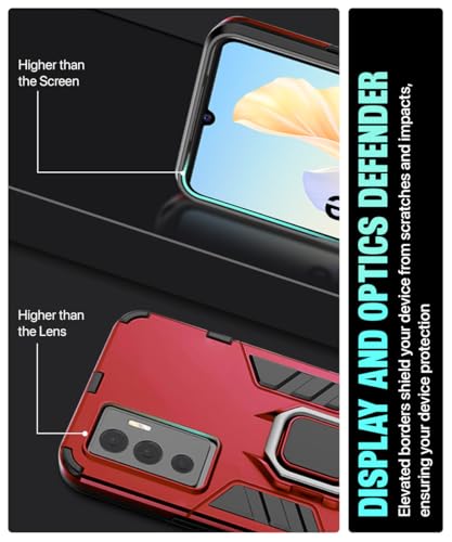 Image of WOW IMAGINE Shock Proof Back Case Mobile Cover for Vivo V23E 5G | for Vivo Y75 4G (Tough Armor | Hybrid PC + TPU | Full Protection with Ring Holder & in-Built Kickstand | Red)