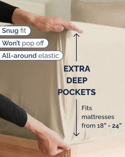 Image of Extra Deep Twin XL Sheet Set - 4 Piece Breathable & Cooling Sheets - Cream | Hotel Luxury Bed Sheets Set, Easy & Secure Fit, Ultra-Soft, Wrinkle & Fade Free, Comfy Sheets Set with Extra Deep Pockets