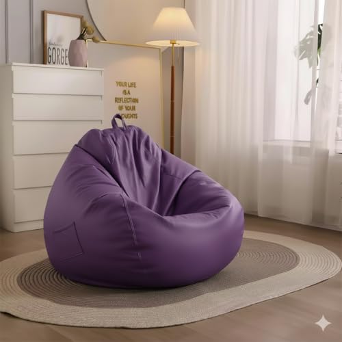Image of 4XL Leatherette Bean Bag Chair with Footrest & Cushion with Beans Filled (Ready to Use) Color- (Purple, Bean Bag Only)