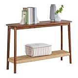 Alaterre Furniture Calais 48 Inch Solid Wood Entryway Table with Woven Storage Shelf – Mid Century Modern 2-Tier Sofa Table for Living Room, Hallway, or Foyer (Chestnut)