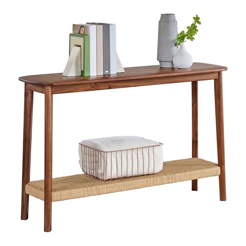 Alaterre Furniture Calais 48 Inch Solid Wood Entryway Table with Woven Storage Shelf – Mid Century Modern 2-Tier Sofa Table for Living Room, Hallway, or Foyer (Chestnut) by Alaterre Furniture - Used condition - US$154.14