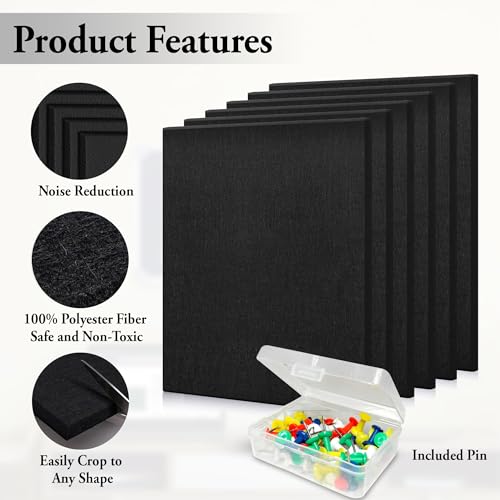 Image of GLUN 6 Piece Black Felt Bulletin Board 30x30 cm, Self Adhesive Notice Board Tiles for Wall | 100 Push Pins + 400 Sheets Sticky Notes | Pin Board for Home, Office, School & Study Room