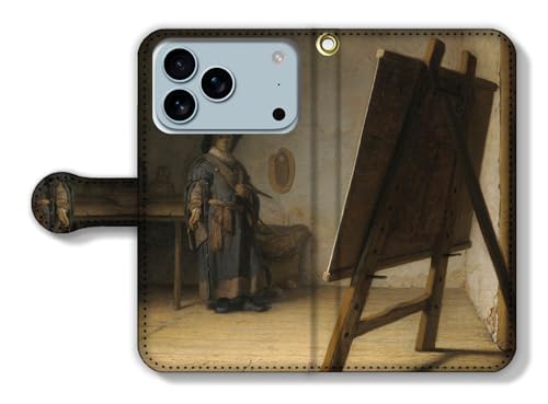 手帳型 iPhone17 Pro互換 スマホケース レンブラント【世界の名画】 陰影 コントラスト ☆バロック絵画☆ 絵画 芸術 アート 美術 (アトリエにいる風景)