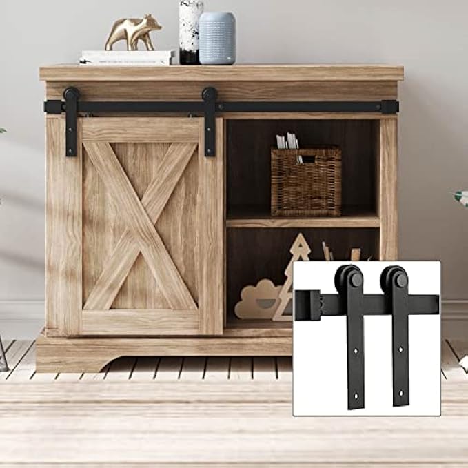 FREDBECK 2.5FT Mini Small Cabinet Sliding Barn Door Hardware Kit Single Door Black Roller Rails Closet Cupboard Storage Cabinet Kit(No Cabinet)