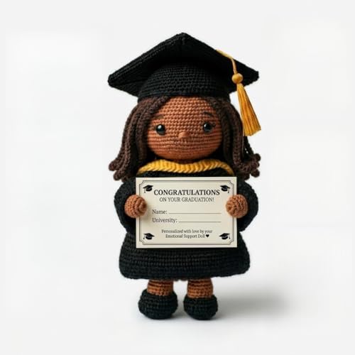 2026 Graduation Gifts Her Him - Handmade Crochet Positive Doll with DIY Card for College High School Graduation - Personalized Anxiety Relief Desk Ornament Class of 2026 (Black Lady)