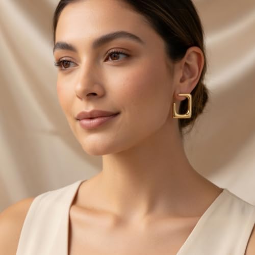 Image of Aura Jewels Minimalist Square Gold Hoop Earrings | 18K Gold Plated Stainless Steel, Anti-Tarnish, Hypoallergenic, Everyday Lightweight Jewelry for Women