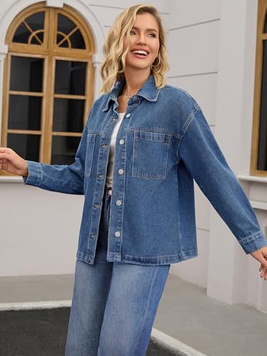 Womens Denim Jacket Casual Long Sleeve Patch Pocket Boyfriend Oversized Jean Jackets2