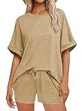 crazy bean Conjuntos Chándal Mujer Verano 2 Piezas Chándal Mujer Completo Camiseta Manga Corta y Pantalón Corto Deportivo Casual Ropa Casa Caqui XL