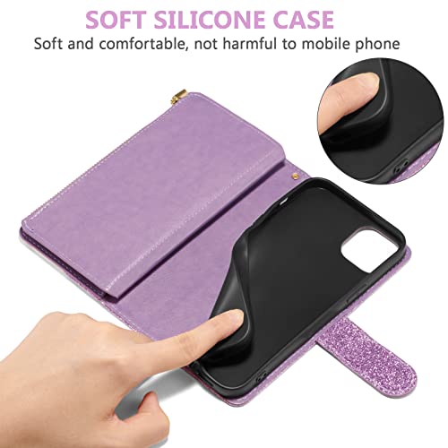 UEEBAI Wallet Case for iPhone 15, PU Leather Case Magnetic Closure Handbag Zipper Pocket Case Kickstand Card Slots with Hand Strap Rose Flip Case for Women - Bling Purple by UEEBAI - Used condition - Image 5