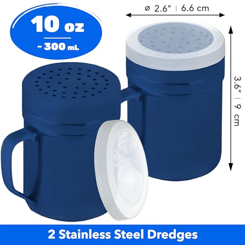 Image of CUSINIUM 10oz Navy Blue Stainless Steel Salt Pepper Dredge Shakers - With Plastic Cap - With Handle - Pack of 2