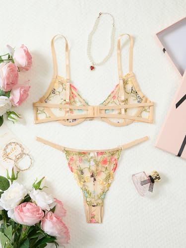 Image of Lilosy Sexy Floral Embroidered Mesh Sheer Underwire Lingerie Set