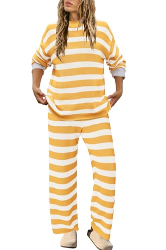 Image of SENSERISE Womens Striped Set Sweater Lounge Sets Matching Fall Outfits Long Sleeve Tops and Pants with Pockets