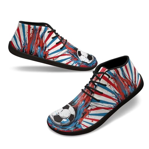 Chririnla Soccer Trail Running Shoes Wide Toe Box Boots for Men Blue Red Stripes Zero Drop Sole Minimalist Cross-Trainer Shoe Lightweight Casual Gym Laces Athletic Sneaker