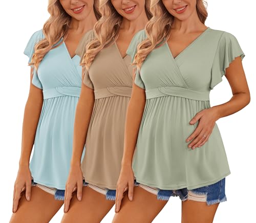Image of Ekouaer Maternity Shirts 3 Packs Flying Short Sleeve Nursing Tops Pregnancy Clothes