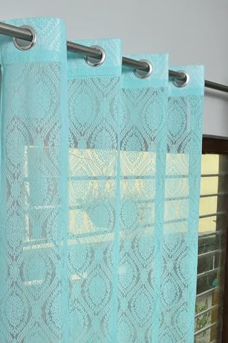 Image of Fabrilia Polyester Sheer Net Damask Design Semi Transparent Eyelet Long Door Curtains 9 feet Set of 2- Aqua Blue